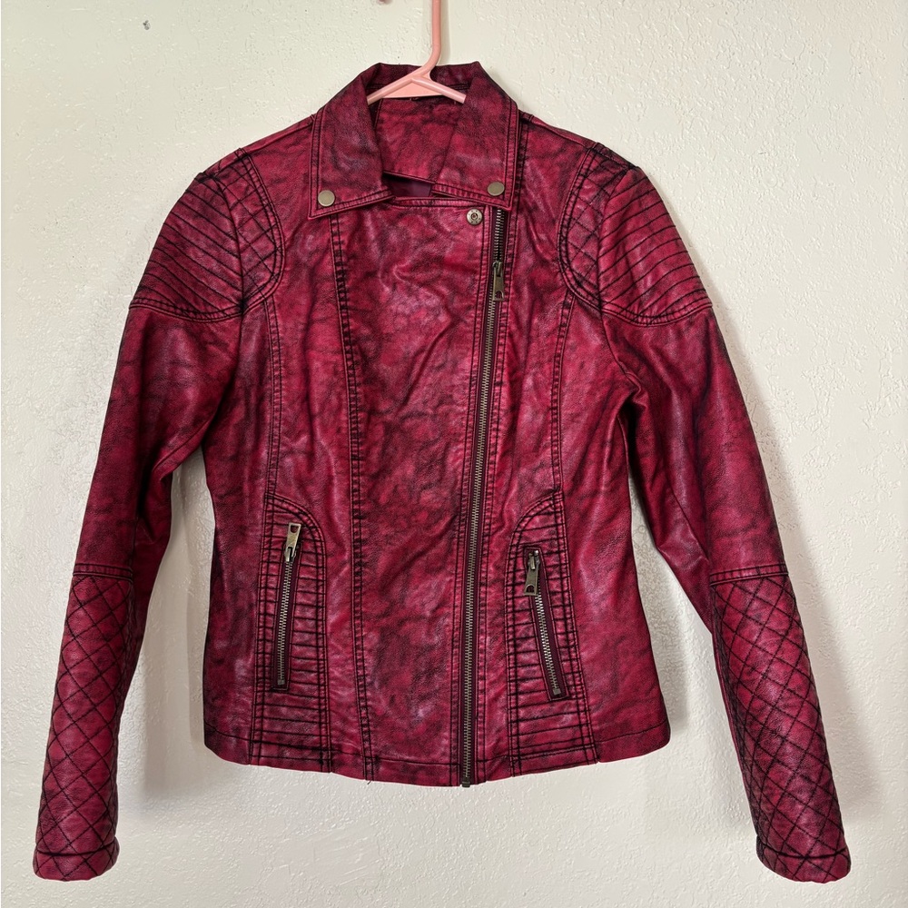 Women's Red Faux Leather Moto Jacket, Burgundy, Maroon